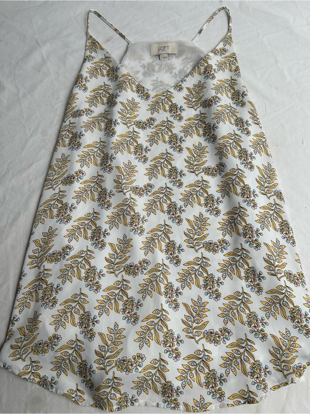 LOFT White Floral V-Neck Cami with Yellow & Mint Accents